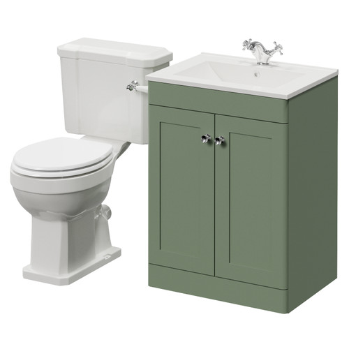 Danbury Satin Green 600mm 2 Door Vanity Unit and Windsor Toilet Suite with Angel Basin Right Hand View