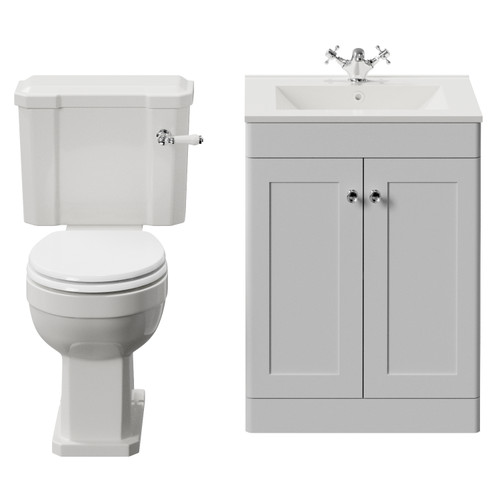 Danbury Satin White 600mm 2 Door Vanity Unit and Windsor Toilet Suite with Angel Basin View from Front
