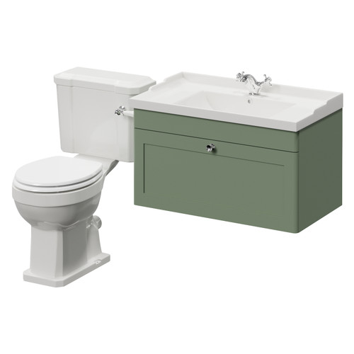 Danbury Satin Green 800mm Wall Mounted Single Drawer Vanity Unit and Windsor Toilet Suite Right Hand View