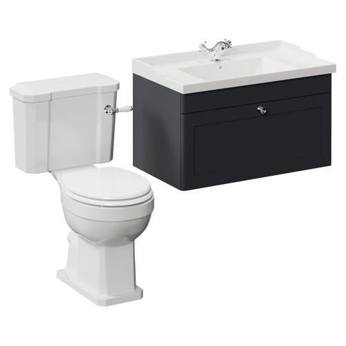 Danbury Satin Anthracite 800mm Wall Mounted Single Drawer Vanity Unit and Windsor Toilet Suite Left Hand View