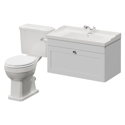 Danbury Satin White 800mm Wall Mounted Single Drawer Vanity Unit and Windsor Toilet Suite Right Hand View