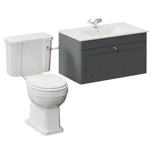 Danbury Satin Grey 800mm Wall Mounted Single Drawer Vanity Unit and Windsor Toilet Suite with Angel Basin Left Hand View