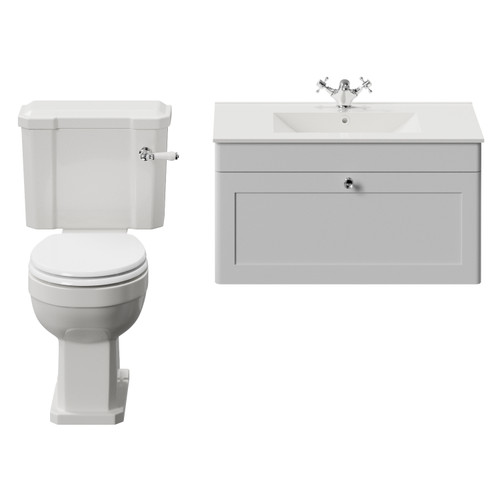 Danbury Satin White 800mm Wall Mounted Single Drawer Vanity Unit and Windsor Toilet Suite with Angel Basin View from Front