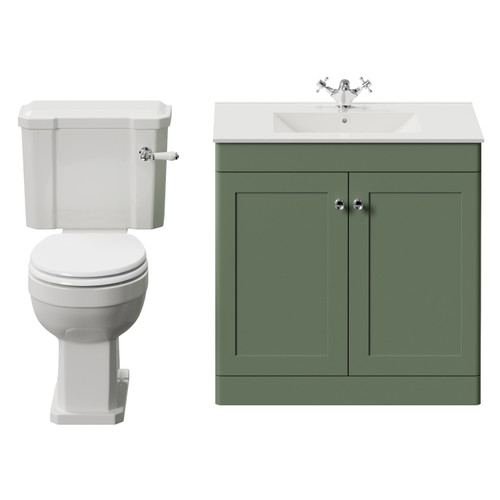 Danbury Satin Green 800mm 2 Door Vanity Unit and Windsor Toilet Suite with Angel Basin View from Front