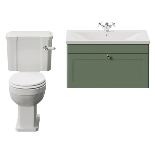 Danbury Satin Green 800mm Wall Mounted Single Drawer Vanity Unit and Windsor Toilet Suite with Glide Basin View from Front