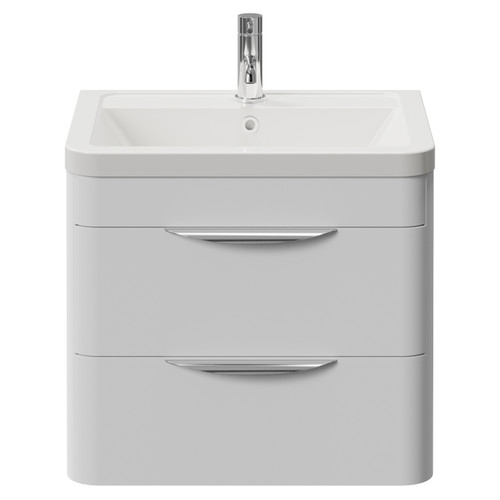 Oslo Gloss White 600mm Wall Mounted 2 Drawer Vanity Unit with Leni Basin View from Front