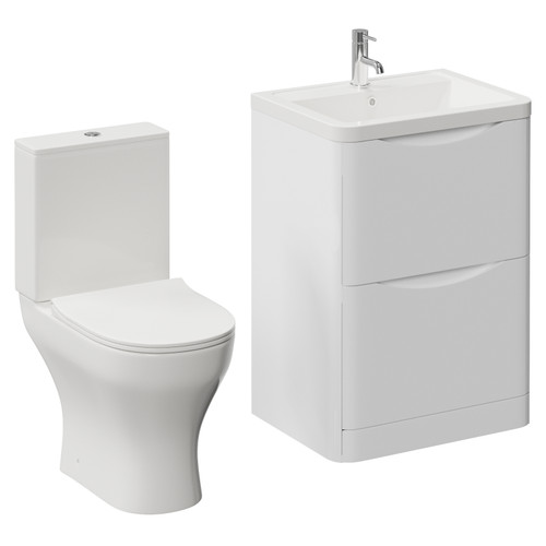 Vela 460 Gloss White 600mm 2 Drawer Vanity Unit and Jubilee Toilet Suite with Anya Basin Left Hand View