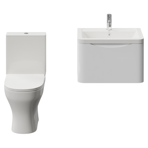 Vela 460 Gloss White 600mm Wall Mounted Single Drawer Vanity Unit and Jubilee Toilet Suite with Anya Basin View from Front