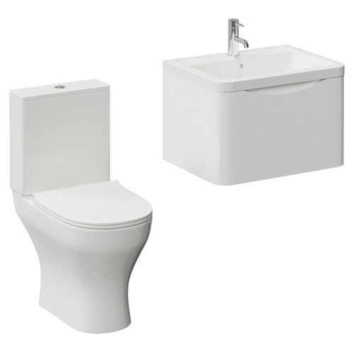 Vela 460 Gloss White 600mm Wall Mounted Single Drawer Vanity Unit and Jubilee Toilet Suite with Anya Basin Left Hand View