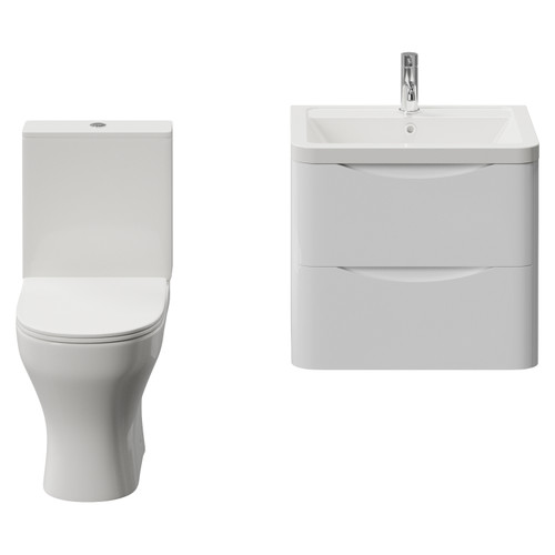 Vela 460 Gloss White 600mm Wall Mounted 2 Drawer Vanity Unit and Jubilee Toilet Suite with Anya Basin View from Front