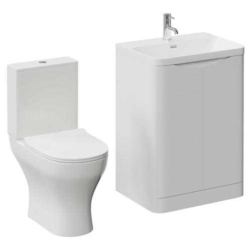 Vela 460 Satin White 600mm 2 Door Vanity Unit and Jubilee Toilet Suite with Fina Basin Left Hand View