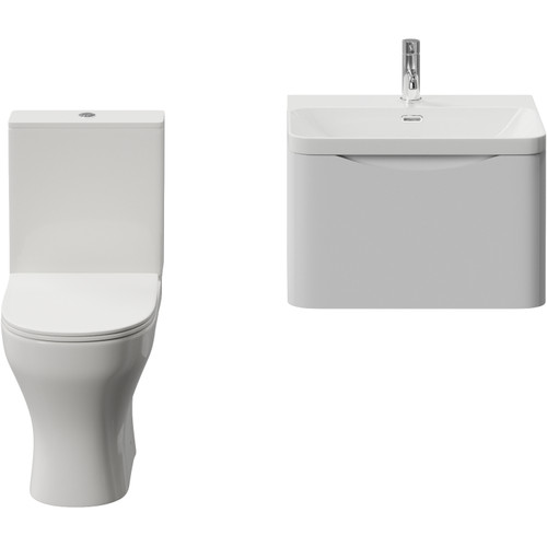 Vela 460 Satin White 600mm Wall Mounted Single Drawer Vanity Unit and Jubilee Toilet Suite with Fina Basin View from Front