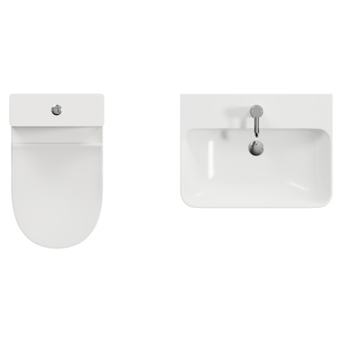Vela 460 Satin White 600mm Wall Mounted 2 Drawer Vanity Unit and Jubilee Toilet Suite with Fina Basin Top View