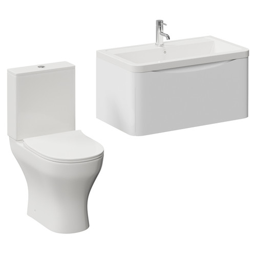 Vela 460 Gloss White 800mm Wall Mounted Single Drawer Vanity Unit and Jubilee Toilet Suite with Anya Basin Left Hand View