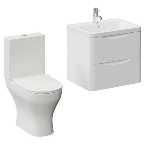 Vela 450 Gloss White 600mm Wall Mounted 2 Drawer Vanity Unit and Jubilee Toilet Suite with Leni Basin Left Hand View