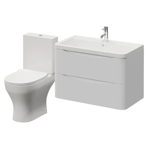 Vela 450 Satin White 800mm Wall Mounted 2 Drawer Vanity Unit and Jubilee Toilet Suite with Leni Basin Right Hand View