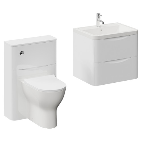 Vela 460 Gloss White 1150mm Wall Mounted 2 Drawer Vanity Unit and Toilet Suite with Anya Basin Left Hand View