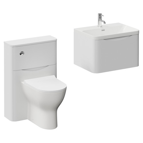Vela 460 Satin White 1150mm Wall Mounted Single Drawer Vanity Unit and Toilet Suite with Fina Basin Left Hand View