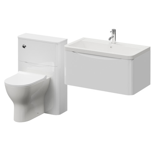Vela 460 Gloss White 1350mm Wall Mounted Single Drawer Vanity Unit and Toilet Suite with Anya Basin Right Hand View