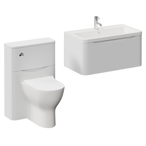 Vela 460 Satin White 1350mm Wall Mounted Single Drawer Vanity Unit and Toilet Suite with Anya Basin Left Hand View