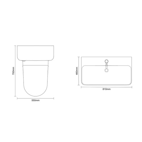 Vela 460 Gloss White 1350mm Wall Mounted Single Drawer Vanity Unit and Toilet Suite with Fina Basin Dimensions Top