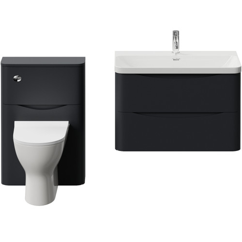 Vela 460 Satin Anthracite 1350mm Wall Mounted 2 Drawer Vanity Unit and Toilet Suite with Fina Basin Front View