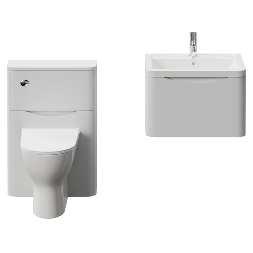 Vela 450 Satin White 600mm Wall Mounted Single Drawer Vanity Unit and Toilet Suite with Leni Basin Front View