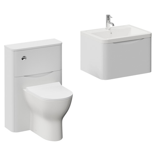 Vela 450 Satin White 600mm Wall Mounted Single Drawer Vanity Unit and Toilet Suite with Leni Basin Left Hand View