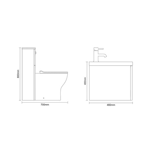 Vela 450 Satin White 600mm Wall Mounted Single Drawer Vanity Unit and Toilet Suite with Leni Basin Dimensions Side