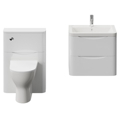 Vela 450 Gloss White 600mm Wall Mounted 2 Drawer Vanity Unit and Toilet Suite with Leni Basin Front View
