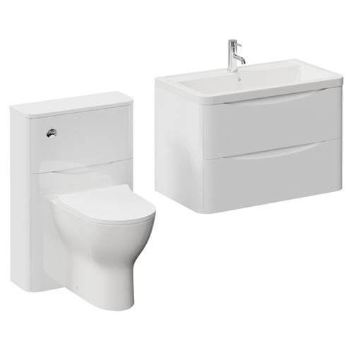 Vela 450 Gloss White 800mm Wall Mounted 2 Drawer Vanity Unit and Toilet Suite with Leni Basin Left Hand View