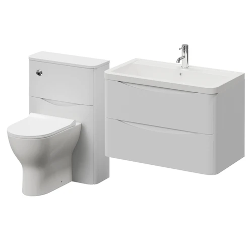 Vela 450 Satin White 800mm Wall Mounted 2 Drawer Vanity Unit and Toilet Suite with Leni Basin Right Hand View