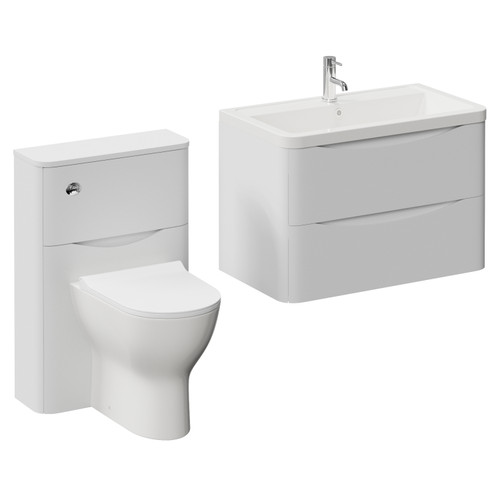 Vela 450 Satin White 800mm Wall Mounted 2 Drawer Vanity Unit and Toilet Suite with Leni Basin Left Hand View