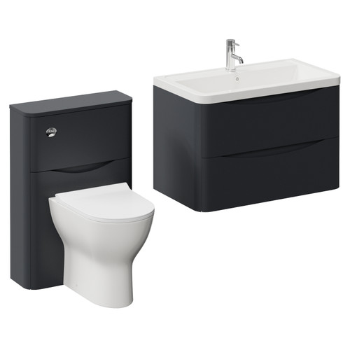 Vela 450 Satin Anthracite 800mm Wall Mounted 2 Drawer Vanity Unit and Toilet Suite with Leni Basin Left Hand View