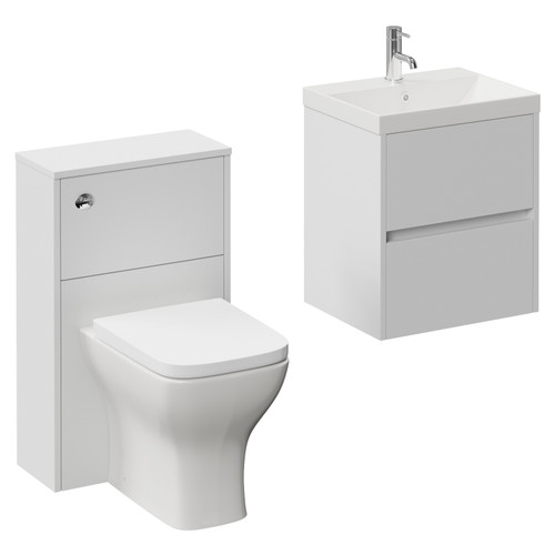 Montego Satin White 1000mm Wall Mounted Vanity Unit and Toilet Suite with Rimini Basin Left Hand View