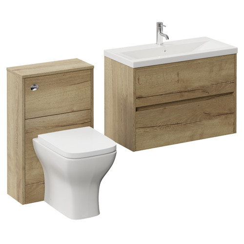 Montego Autumn Oak 1300mm Wall Mounted Vanity Unit and Toilet Suite with Glide Basin Left Hand View