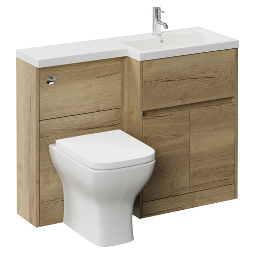 Montego Combination Autumn Oak 1100mm 2 Door 1 Drawer Vanity Unit Toilet Suite with Right Hand Square Lucia Basin Left Hand View