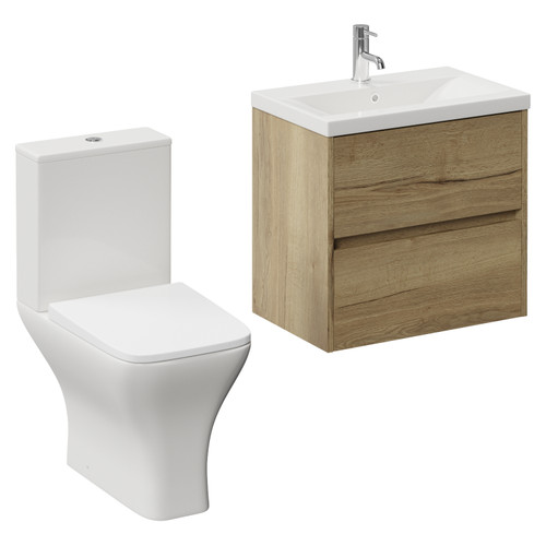 Montego Autumn Oak 600mm Wall Mounted 2 Drawer Vanity Unit and Kingston Toilet Suite with Glide Basin Left Hand View