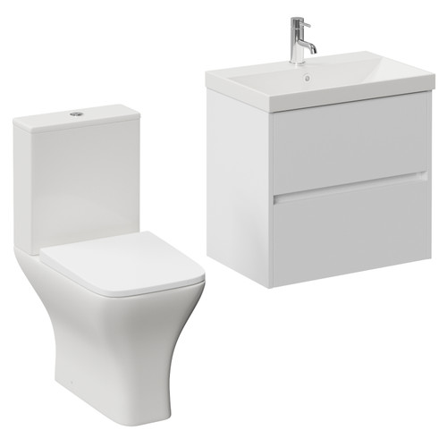 Montego Gloss White 600mm Wall Mounted 2 Drawer Vanity Unit and Kingston Toilet Suite with Rimini Basin Left Hand View