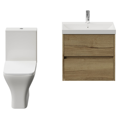 Montego Autumn Oak 600mm Wall Mounted 2 Drawer Vanity Unit and Kingston Toilet Suite with Rimini Basin Front View