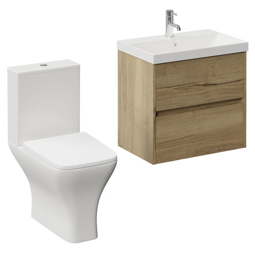 Montego Autumn Oak 600mm Wall Mounted 2 Drawer Vanity Unit and Kingston Toilet Suite with Rimini Basin Left Hand View