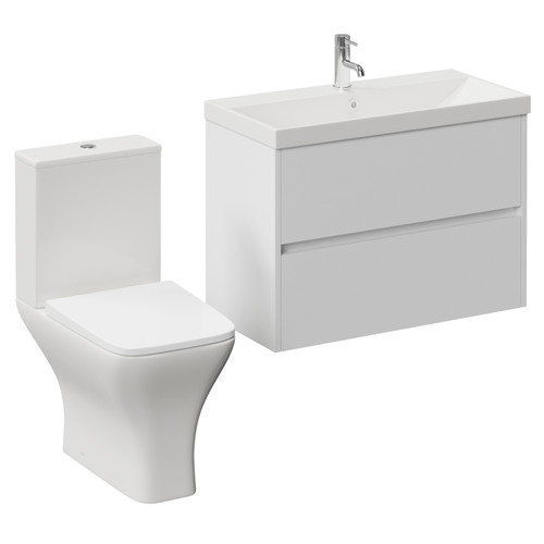 Montego Gloss White 800mm Wall Mounted 2 Drawer Vanity Unit and Kingston Toilet Suite with Rimini Basin Left Hand View