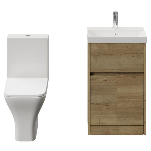 Montego Autumn Oak 500mm 2 Door 1 Drawer Vanity Unit and Kingston Toilet Suite with Rimini Basin Front View