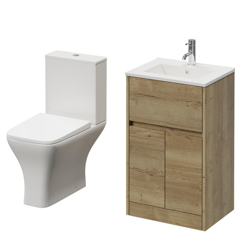 Montego Autumn Oak 500mm 2 Door 1 Drawer Vanity Unit and Kingston Toilet Suite with Angel Basin Right Hand View