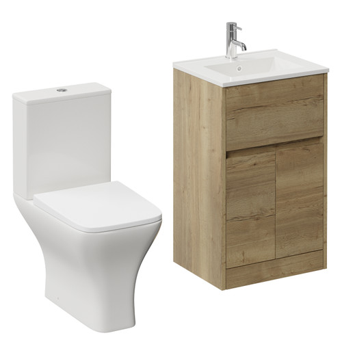 Montego Autumn Oak 500mm 2 Door 1 Drawer Vanity Unit and Kingston Toilet Suite with Angel Basin Left Hand View
