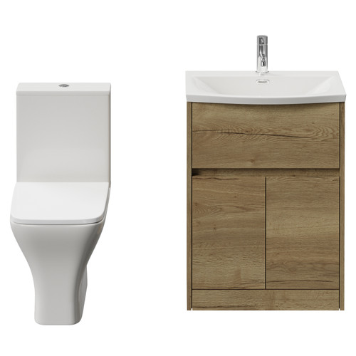 Montego Autumn Oak 600mm 2 Door 1 Drawer Vanity Unit and Kingston Toilet Suite with Arc Basin Front View