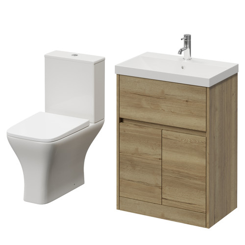 Montego Autumn Oak 600mm 2 Door 1 Drawer Vanity Unit and Kingston Toilet Suite with Rimini Basin Right Hand View