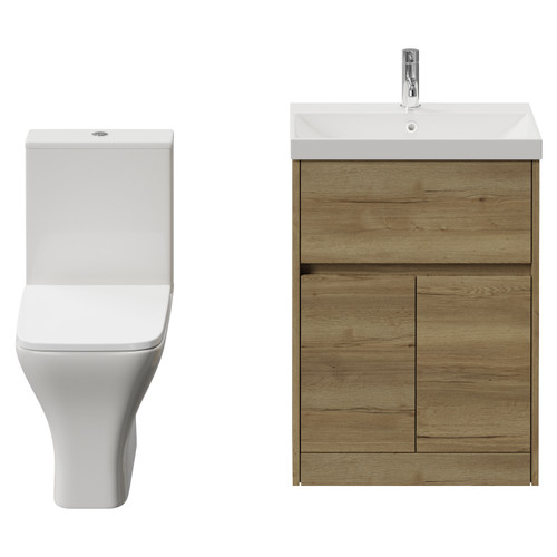 Montego Autumn Oak 600mm 2 Door 1 Drawer Vanity Unit and Kingston Toilet Suite with Rimini Basin Front View