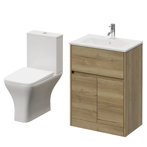 Montego Autumn Oak 600mm 2 Door 1 Drawer Vanity Unit and Kingston Toilet Suite with Angel Basin Right Hand View
