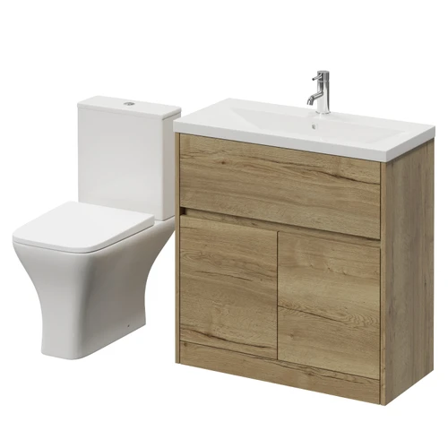 Montego Autumn Oak 800mm 2 Door 1 Drawer Vanity Unit and Kingston Toilet Suite with Glide Basin Right Hand View